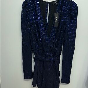 Lulu’s Bettie Royal Blue Metallic Long Sleeve Romper